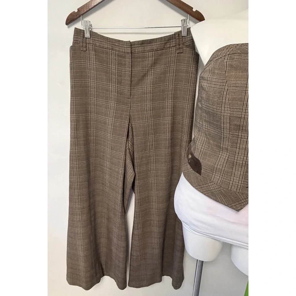 VTG Lane Bryant Y2K Wide Leg trouser suit Corset Top Brown Plaid Business Sz 22